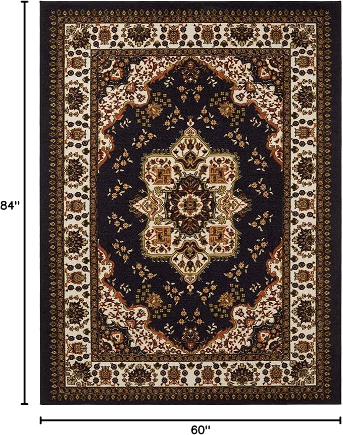 Antep Rugs Alfombras Oriental Traditional 5x7 Non-Skid (Non-Slip) Low Profile Pile Rubber Backing Indoor Area Rugs (Black, 5' x 7')