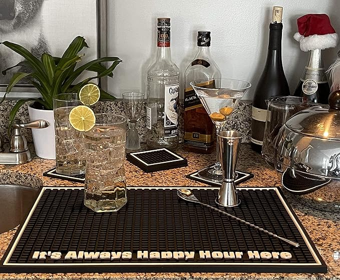 Highball & Chaser Premium Custom Bar Mat 18in x 12in 1cm Thick Durable and Stylish Service Bar Mat for Spills, Coffee, Bars, Restaurants, Counter Top Dish Drying Mat (Happy Hour)
