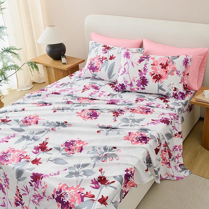 King Size Bed Sheets Set Deep Pockets - 6PC Floral Ultra Soft Microfiber Bed Sheets - Easy to Clean, 90 Thread Count Sheets with Fitted Sheet, Flat Sheet & Pillowcases (Grey/Pink Floral)