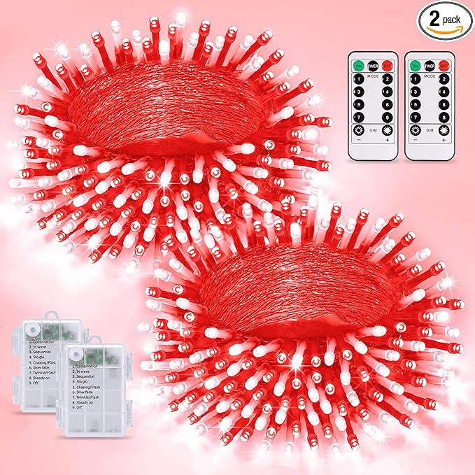 JMEXSUSS 2 Pack Red and White Battery String Lights, Each 33ft 100 LED Battery Powered Christmas Lights with Remote for Outside Party Birthday