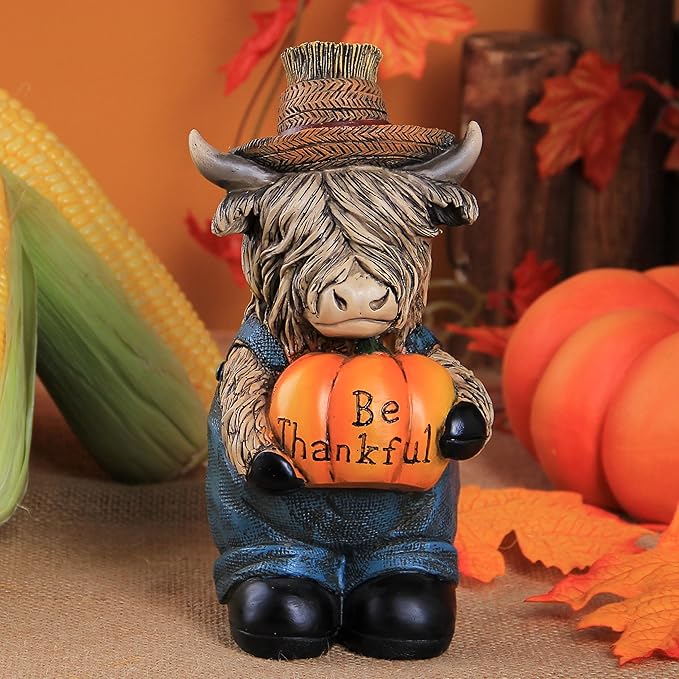 Highland Cow Statue Thanksgiving Harvest Autumn Decor Holding Pumpkin, Fall Autumn Figurine for Indoor Shelf Bookshelf Table Desk windowsill and Home Decor, Be Thankful