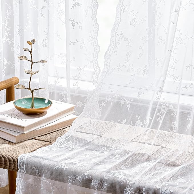 Sheer Lace Curtains 96 Inches Long, Vintage Floral Light Filtering White Lace Curtains for Living Room & Bedroom, Rod Pocket, 2 Panels Set, Branch Pattern (White, 52" W x 96" L)