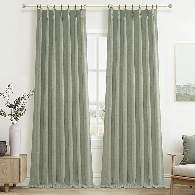 Sage Green Blackout Linen Curtains 96 Inches Long for Living Room Bedroom, Pinch Pleated Boho Light Drapes Viral Window Curtain with Pinch Pleat Clips Thermal Insulated (40"Wx96"Lx2Panels Sage)