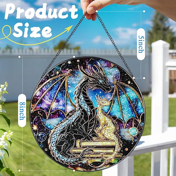 Stained Glass Window Hanging, 8 Inch Dragon Stained Glass Suncatcher, Sun Catchers Indoor Window, Suncatchers for Windows Hanging, Book Lover Christmas Ornament, Perfect for Bookworms