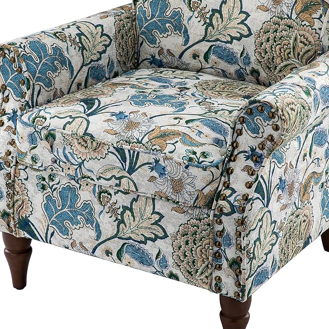 HULALA HOME Modern Wingback Accent Chair with Wood Legs & Removable Cushion, Comfy Upholstered Armchair with Nailhead Trim, Floral Pattern Single Sofa Chair for Living Room Bedroom, Green
