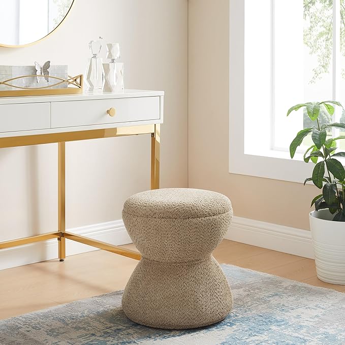 VANOMi Multi-Functional Boucle Ottoman, Vanity Stool Chair, Sturdy Rotating Wooden Footstool, Suitable for Living Room, Bedroom, and Entryway, Without Installation, Swivel, Camel