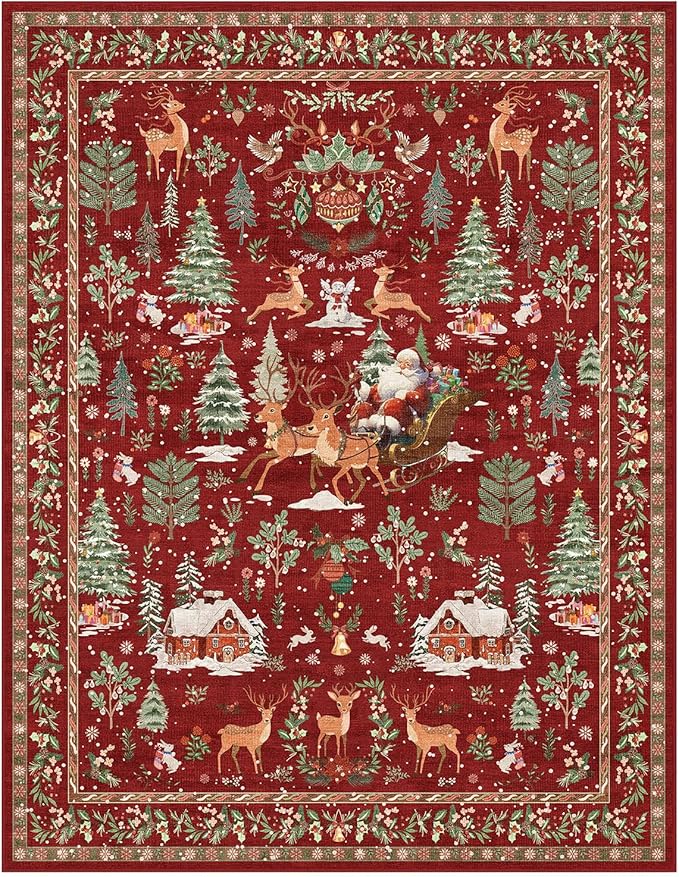 Lahome Christmas Rug for Living Room, 8x10 Soft Large Rug for Bedroom, Christmas Tree Santa Claus Non Slip Washable Red Xmas Indoor Floor Carpet for Dining Room Holiday Decor