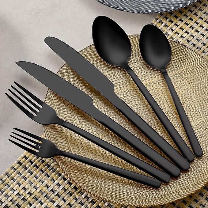 48 Pcs Black Silverware Set with Steak Knives, Food-Grade Stainless Steel Flatware Cutlery Set for 8, Mirror Polished Tableware Eating Utensils Set for Kitchen, Knife Fork Spoon Set, Dishwasher Safe