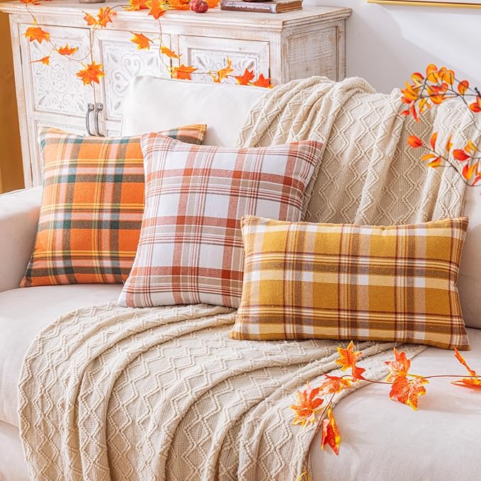 Fall Plaid Orange Green Throw Pillow Covers 20x20 Inch, Set of 2 Autumn Decorative Throw Pillows for Couch Sofa Bed Living Room Home Decor, Accent Pillow Cases for Farmhouse Couch Cushion Covers