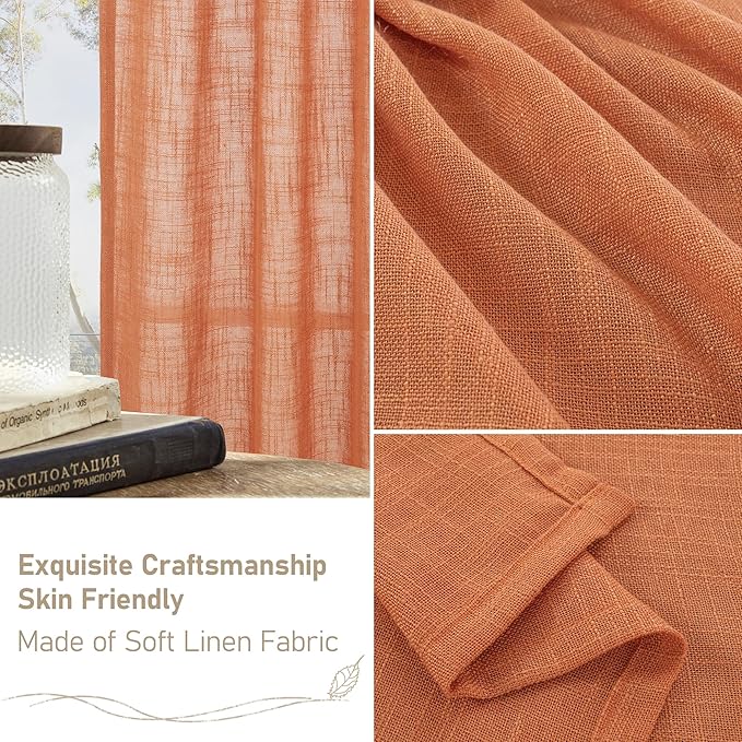 LAMIT Burnt Orange Linen Curtains 90 Inch for Living Room, Back Tab and Rod Pocket Linen Textured Farmhouse Curtains Light Filtering Drapes for Bedroom/Dining Room, Set of 2, 52 x 90 Inch