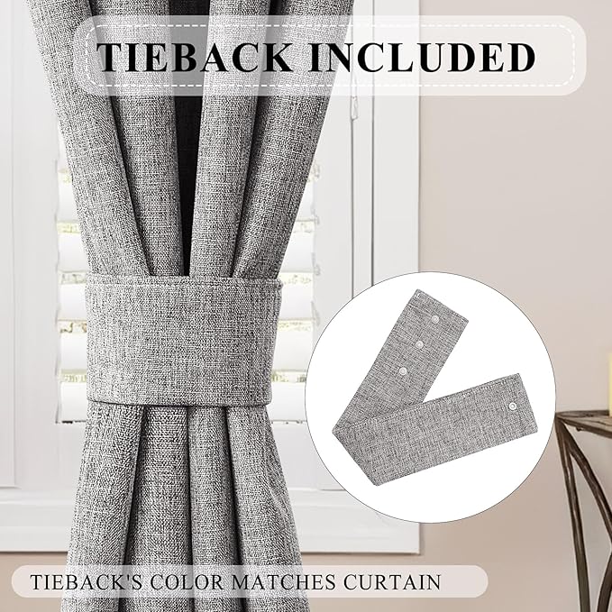 Macochico Pinch Pleated 100% Blackout Linen Curtains 120 Inch Width by 102 Inch Length, Thermal Window Drapes for Living Room Bedroom Nursery Farmhouse, Dark Grey Drapery with Tieback 1 Panel