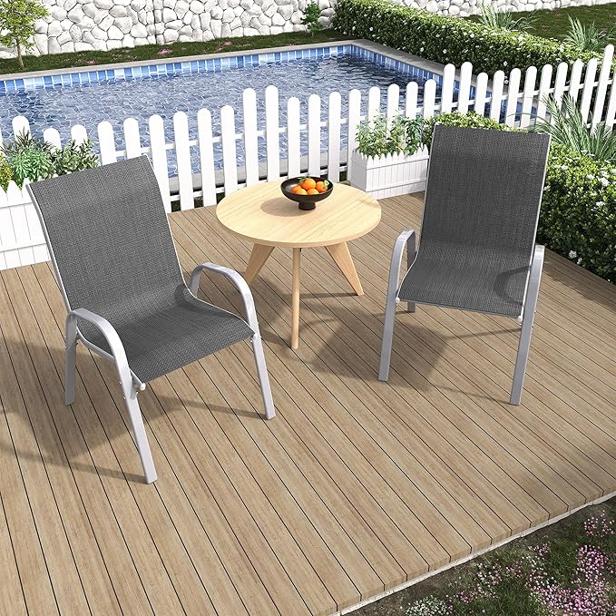 Amopatio Patio Chairs Set of 2, Outdoor Stackable Dining Chairs for All Weather, Comfortable Breathable Patio Dining Chairs Silver Outdoor Chairs Garden Outdoor Furniture for Backyard Deck, Dark Grey