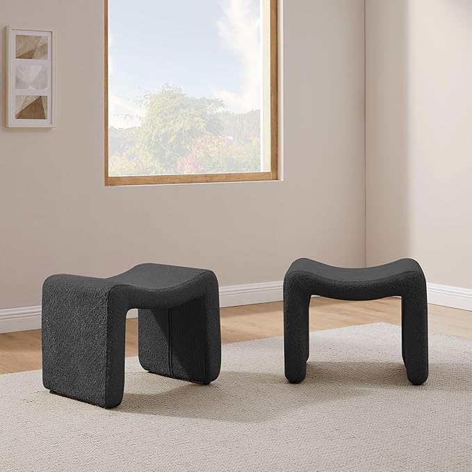 Modern Boucle Ottoman, Vanity Stool Chair, Foot Stool with Wooden Legs Sofa Bench Footstool Extra Seat for Vanity, Makeup Room, Living Room, Entryway, Set 2, Grey