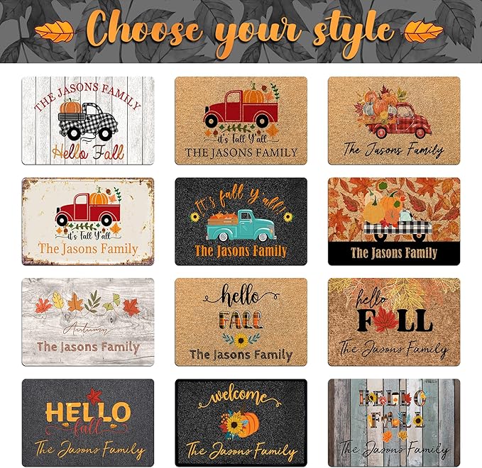 Fall Welcome Doormat, Personalized Door Mat Hello Fall Custom Home Decor Floor Mat, Non-Slip Rubber Rugs, Washable Carpet for Indoor Outdoor Front Door Porch Entryway