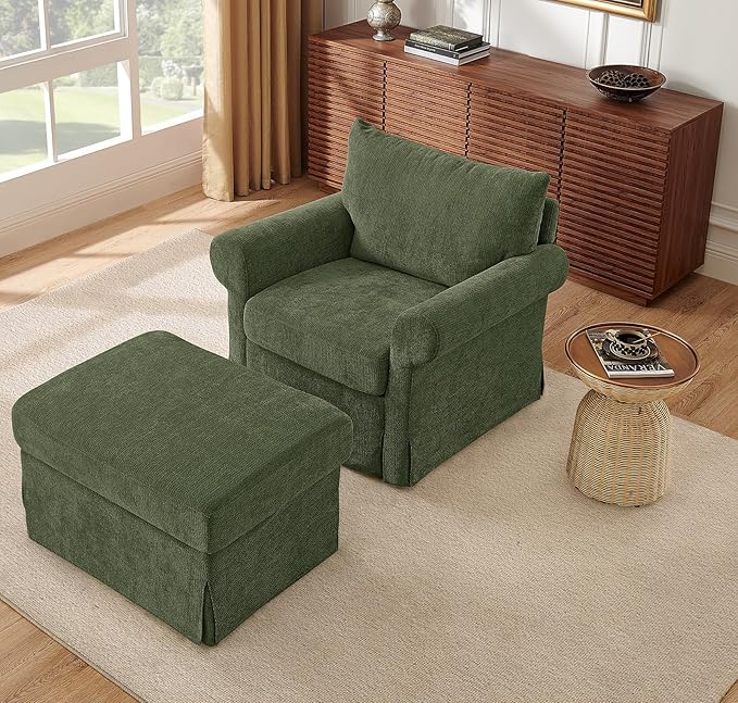 Modern Living Room Chairs with Ottoman, Comfy Chenille Reading Armchair with Rolled Arms and Cushion Backrest, 35.8" W Oversized Chaise Lounge Chair for Bedroom, Study, Apartment, Green