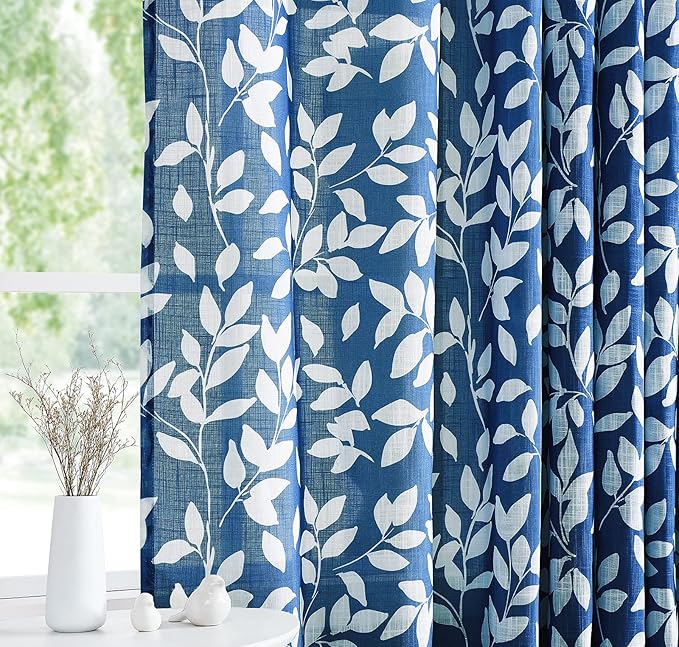 Navy and White Curtains for Bedroom 54" Length Leaf Print Curtains for Windows Semi-Sheers, Royal Blue Grommet Top, 2 Pack
