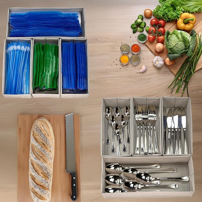Kitchen Drawer Organizer – Set of 4 Rigid Fabric Bins – Fits Gallon, Quart, Sandwich & Snack Bags – Also Great for Utensils & Silverware
