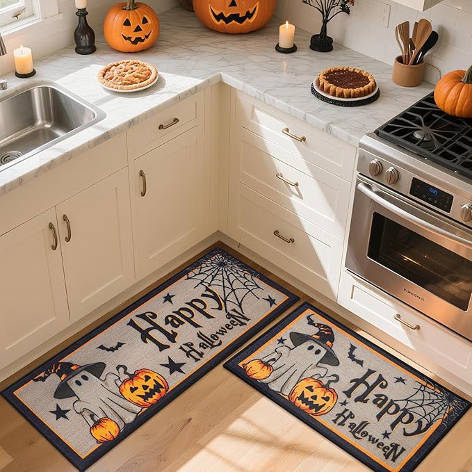 JSEI Halloween Holiday Kitchen Mats for Floor, Non-Slip Ghost and Pumpkins Decorative Kitchen Rugs Set of 2, Home Decor Low-Profile Kitchen Runner Rug Washable, 17"x30"+17"x48", Cute Ghost Pattern
