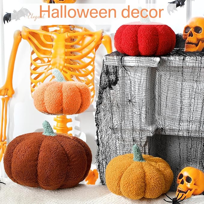 Kajaia 4 Pcs Fall Decor Pumpkin Throw Pillow Fall Pillow 11 Inches 7 Inches 3D Cushion Thanksgiving Sherpa Plush Fluffy Stuffed for Autumn Halloween Christmas Home Sofa(Brown,Orange,Red,Yellow)