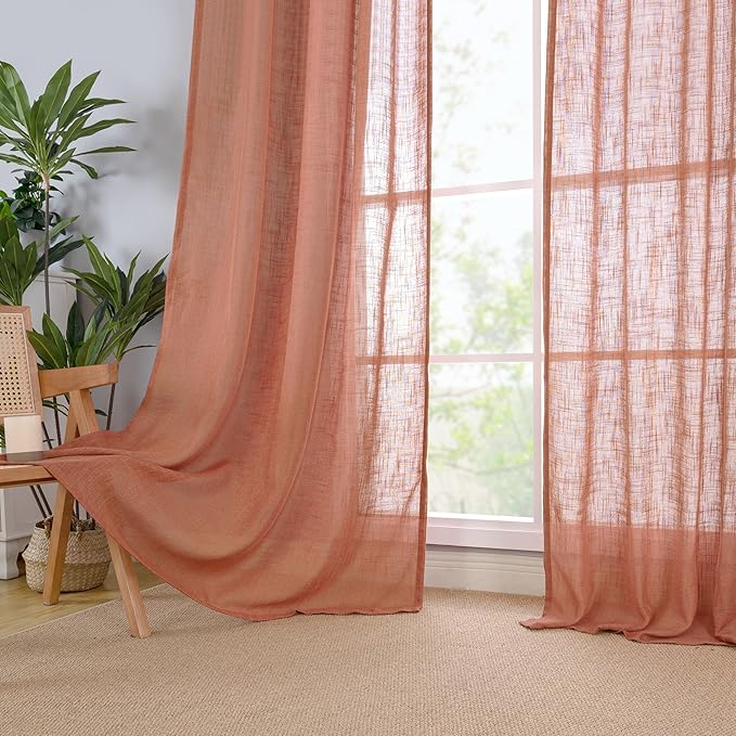 LAMIT Terracotta Linen Curtains for Small Windows 45 inch, Light Filtering Panels Back Tab and Rod Pocket Fall Decor Drapes for Cafe/Bathroom/Loft Room, 2 Panels, 34 x 45 Inch