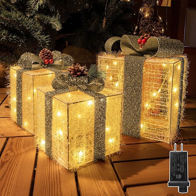 Christmas Decorations, Set of 3 Christmas Lighted Gift Boxes, Pre-lit 60 LED Light Up Present Boxes Warm White Xmas Ornaments for Indoor Outdoor Yard Lawn Home Decor (Silver Bow)