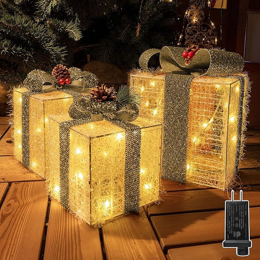 Christmas Decorations, Set of 3 Christmas Lighted Gift Boxes, Pre-lit 60 LED Light Up Present Boxes Warm White Xmas Ornaments for Indoor Outdoor Yard Lawn Home Decor (Silver Bow)