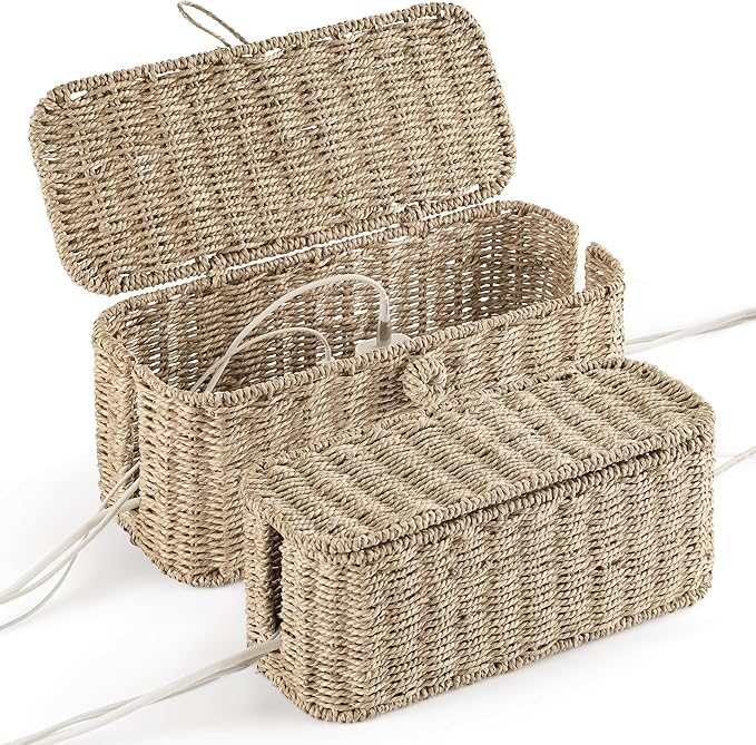 2-Pack Large Cable Management Box, Natural Rattan Cable Cord Organizer Boxes for Power Strip β 2 Open Slots Cords Hider Box for TV Wires, Computer, Router, USB Hub and Under Desk Power Strip