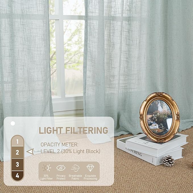 LAMIT Greyish Blue Linen Boho Curtains 84 inch Length 2 Panels, Light Filtering Semi Sheer Panels Back Tab and Rod Pocket Neutral Drapes for Bedroom/Living Room, 34 x 84 Inch