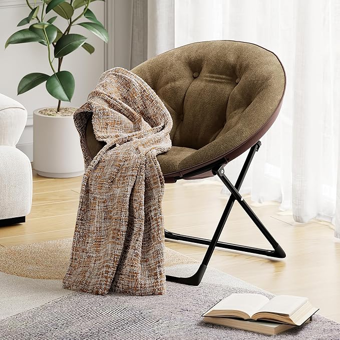 Folding Faux Fur Saucer Chair,Portable Folding Soft Moon Chair,Comfortable Lounge Chair with Metal Frame for Bedroom, Dorm Rooms, Apartments, Lounging, Garden and Courtyard, Brown