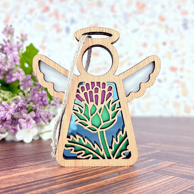 3.5" (H) Purple Scottish Thistle Christmas Ornament - Scotland Flower Ornament Angel Wings - Unique Gifts for Women