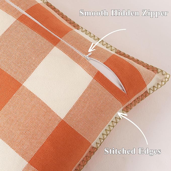 decorUhome Farmhouse Gingham Buffalo Plaid Check Throw Pillow Covers 18x18 Set of 2, Outdoor Fall Linen Decorative Pillow Covers with Stitched Edge for Bed Couch Sofa, Orange and White