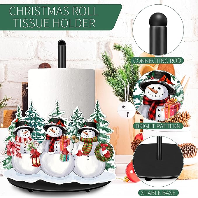 Christmas Paper Towel Holder Christmas Snowman Tree Paper Towel Stand Metal Accessories Winter Holiday Kitchen Decor Farmhouse Rustic Indoor Home Bathroom Decor for Countertops