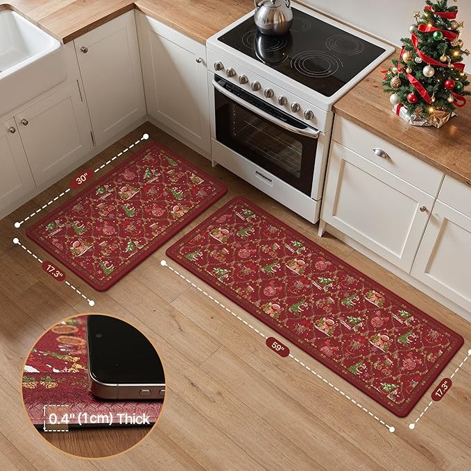 GENIMO Christmas Decorations - Kitchen Mats for Floor, 2PCS Christmas Kitchen Rugs, Cushioned Anti Fatigue Mat for Home Decor, Waterproof Non Slip Standing Mat for Laundry, 17.3"x59"+17.3"x30", Red