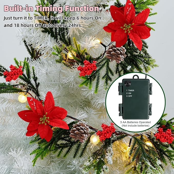Juegoal 2 Pack Christmas Garland, 9' Pre-lit Artificial Xmas Flocked Garlands, Lighted Poinsettia Spruce Timer & Battery Operated with Lights, Garden Home Winter New Year decor, Geen, Red (YO-TTSZ-2)
