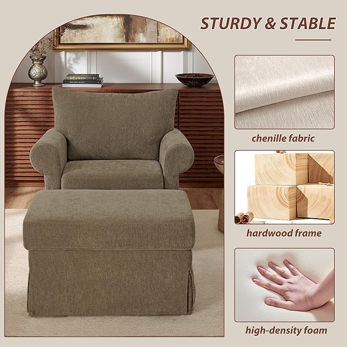Modern Living Room Chairs with Ottoman, Comfy Chenille Reading Armchair with Rolled Arms and Cushion Backrest, 35.8"W Oversized Chaise Lounge Chair for Bedroom, Study, Apartment, Coffee Brown