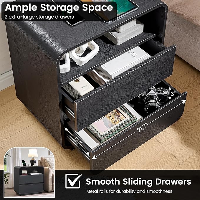 Black Nightstand Set of 2 with Charging Station, 25" Tall Wood Bedside Table, Modern End Table with 2 Storage Drawers, Curved Profile, Handleless, Mid Century Night Stand for Bedroom