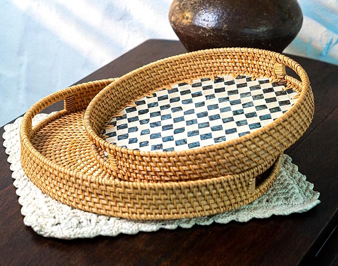 JUNGLE CULTURE Rattan Serving Tray 12" with Mother of Pearl Inlay • Coastal Boho Collection • Handcrafted Woven with Handles for Home • Round Dining Table Tray • Wicker Serving Basket – Drift