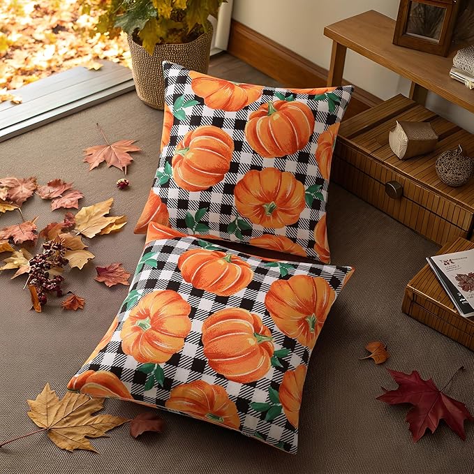 decorUhome Fall Orange Pumpkin Linen Decorative Throw Pillow Covers 12x20 Set of 2, Lumbar Buffalo Plaid Check Farmhouse Gingham Cushion Covers with Stitched Edge for Autumn Harvest Couch Sofa Bed