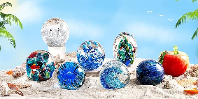 Hand Blown Glass Figurines Ball Ocean Waves,Office Paperweight Glass for Desk,Home Decor Collectible,Aquarium Decor,Office Decor Ocean Lovers (Planet)
