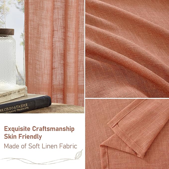 LAMIT Extra Wide Linen Curtains for Bedroom, Terracotta Light Filtering Faux Linen Textured Panels Semi Sheer Back Tab and Rod Pocket Boho Drapes for Living Room, 2 Panels, 60 x 84 Inch
