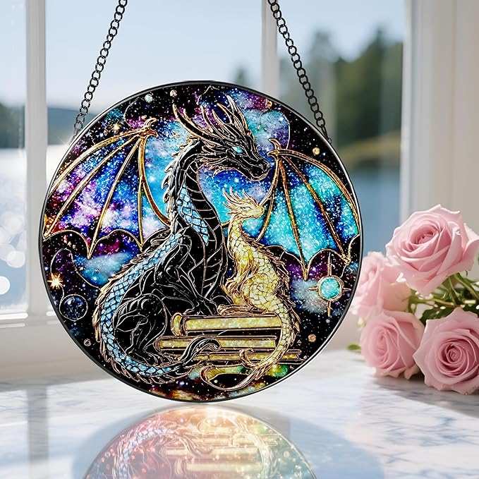 Stained Glass Window Hanging, 8 Inch Dragon Stained Glass Suncatcher, Sun Catchers Indoor Window, Suncatchers for Windows Hanging, Book Lover Christmas Ornament, Perfect for Bookworms