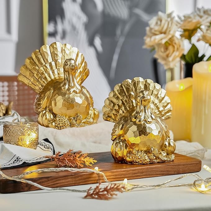 Thanksgiving Turkeys Decor, Gold Resin Turkey Figurine, Small Turkeys Statue for Decorating, Turkey Centerpiece for Table Kitchen Decoration, Harvest Home Decor