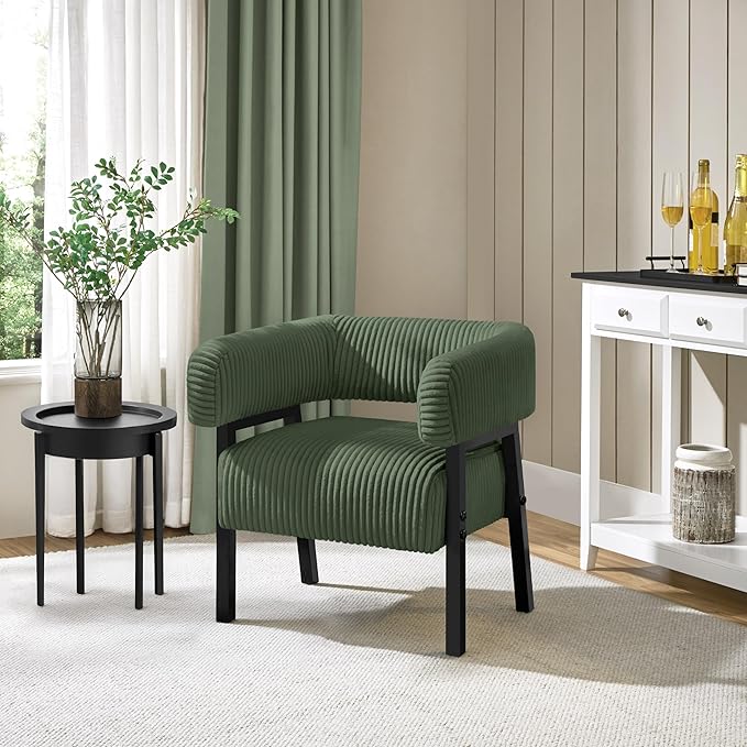 Yaheetech Corduroy Barrel Accent Chair, Modern Upholstered Armchair with Solid Wood Legs, Cozy Leisure Chair with Pocket Coiled Seat for Living Room, Bedroom, Reading Nook Dark Green