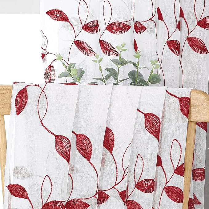 Tollpiz Burgundy Red Leaf Sheer Tier Curtains Leaves Embroidered Kitchen Short Curtain Rod Pocket Voile Bathroom Curtains for Cafe, 30 x 24 inches Long, Set of 2 Panels