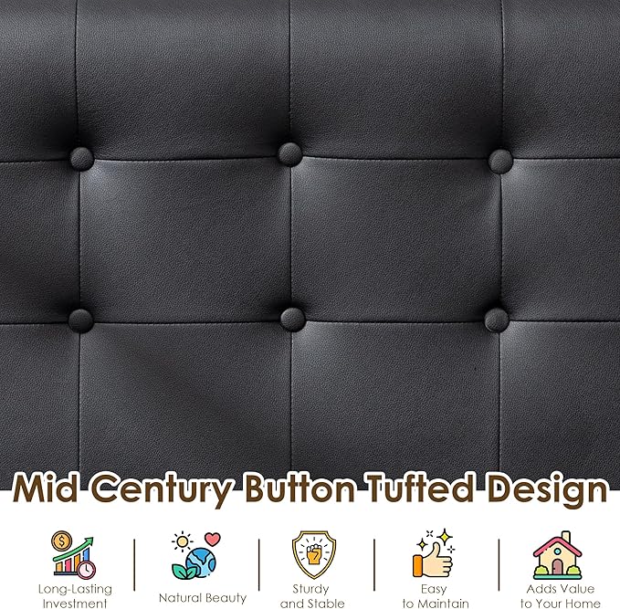 STHOUYN Black Small Leather Couch for Office, Booth Seating 2 Person Waiting Room Bench Couch, Mid Century Modern Loveseat Wood Sofa (Black)