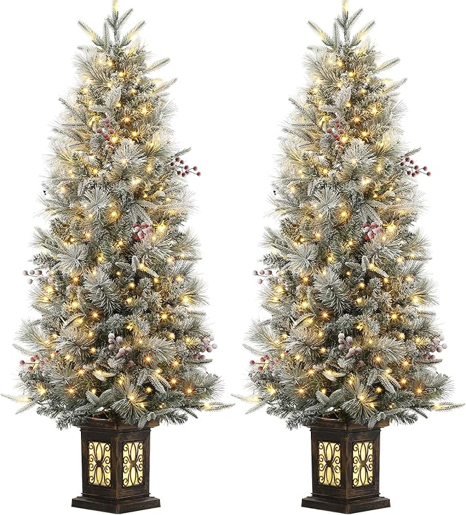 GarveeHome 4.5ft Pre-Lit Flocked Artificial Christmas Tree with Pine Cones, Artificial Xmas Tree w/ 386 Branch Tips & 200 Lights, Antique Urn Base for Home, Party Decoration,2 PCS