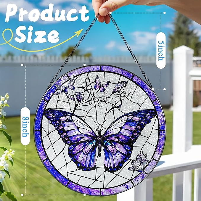Stained Glass Window Hanging, 8 Inch Purple Butterfly Stained Glass Suncatcher, Butterfly Light Catcher, Window Hanging Decor, Gifts for Mother's Day, Christmas, Birthday, Gifts for Women Mom Grandma