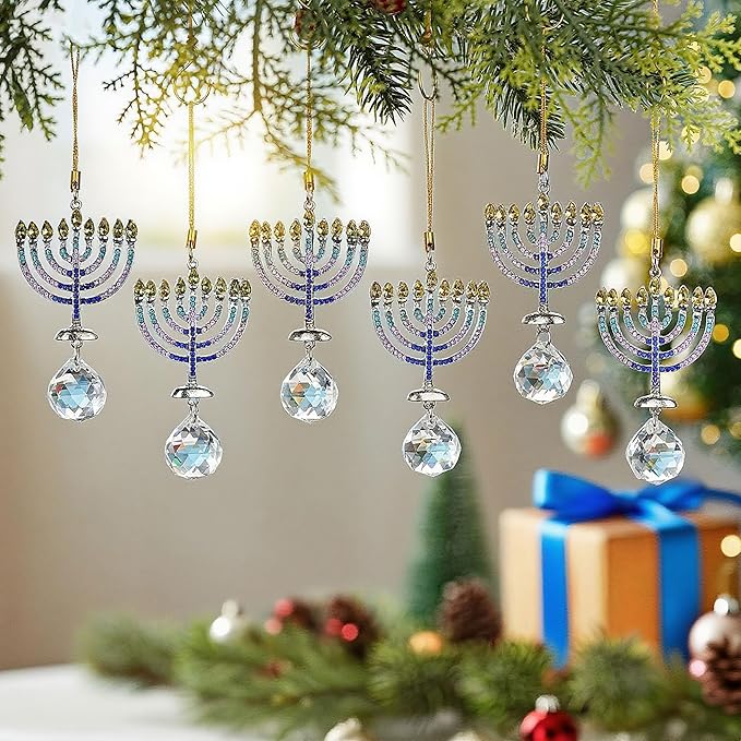 6 PCS Hanukkah Menorah Hanging Ornaments, Crystal Suncatchers for Christmas Tree, Halloween & Hanukkah Decorations, Window Suncatchers & Gift