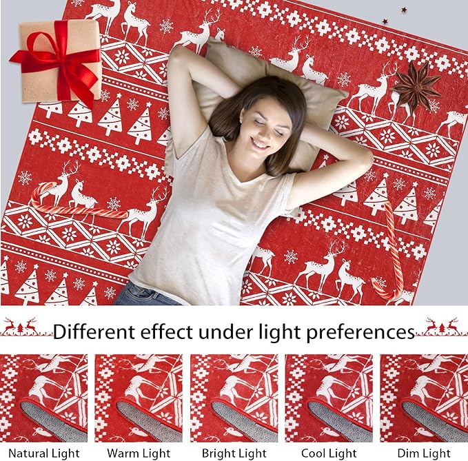 RUGSREAL 8x10 Christmas Area Rug Christmas Tree and Deer Pattern Boho Floor Cover Machine Washable Indoor Carpet Rug Decorative Non Slip Accent Rug for Kitchen Bathroom Living Room Bedroom