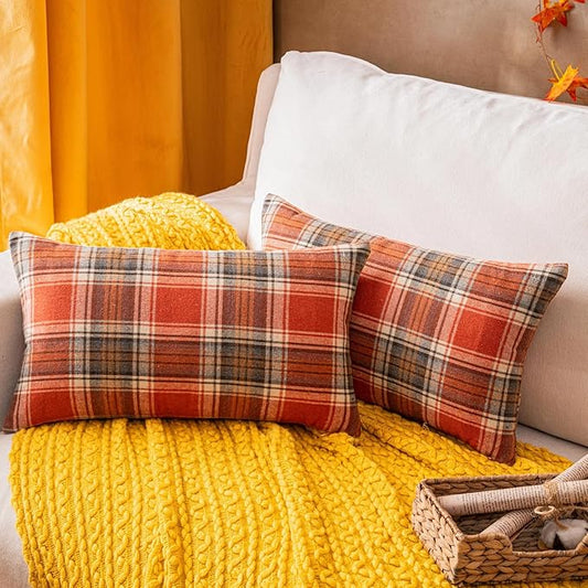AQOTHES Fall Plaid Orange Throw Pillow Covers 12x20 Inch, Set of 2 Autumn Decorative Throw Pillows for Couch Sofa Bed Living Room Home Decor, Accent Pillow Cases for Farmhouse Couch Cushion Covers